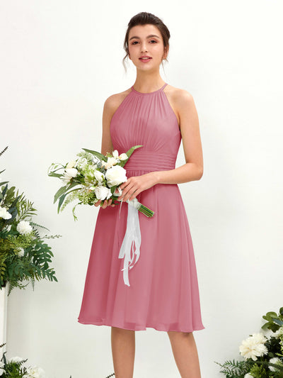 Carlyna Cathie A-Line Desert Rose Bridesmaid Dress Knee-Length Sleeveless Round Neck Dress Front View #color_desert-rose