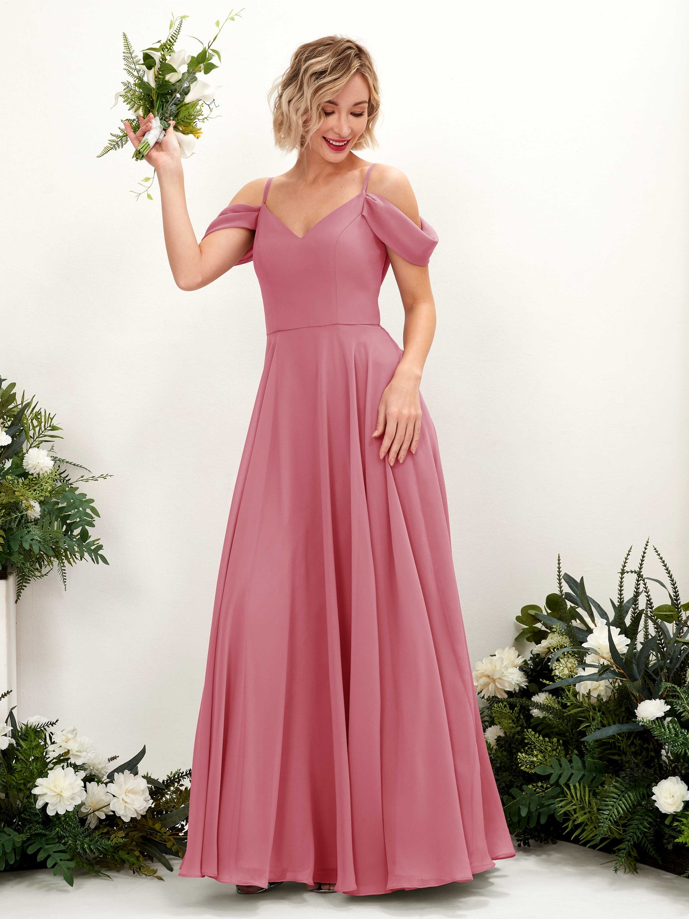 Off Shoulder Straps V-neck Sleeveless Chiffon Bridesmaid Dress - Desert Rose (81224911)#color_desert-rose