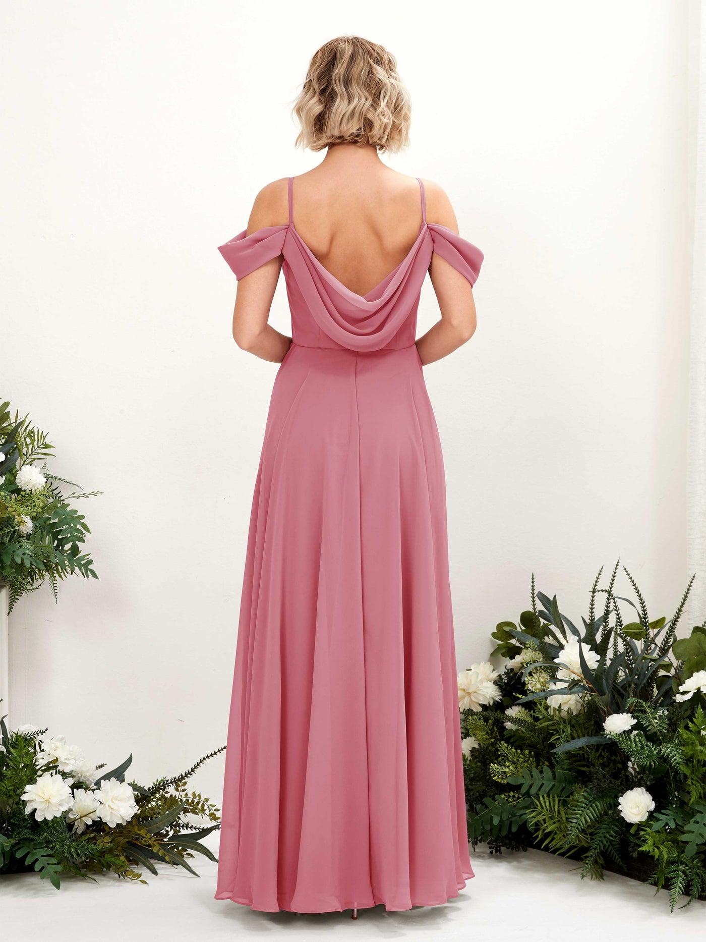 Off Shoulder Straps V-neck Sleeveless Chiffon Bridesmaid Dress - Desert Rose (81224911)#color_desert-rose