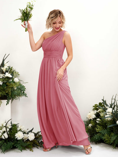 Carlyna Flaze A-Line Desert Rose Bridesmaid Dress Maxi Sleeveless One Shoulder Dress Front View #color_desert-rose