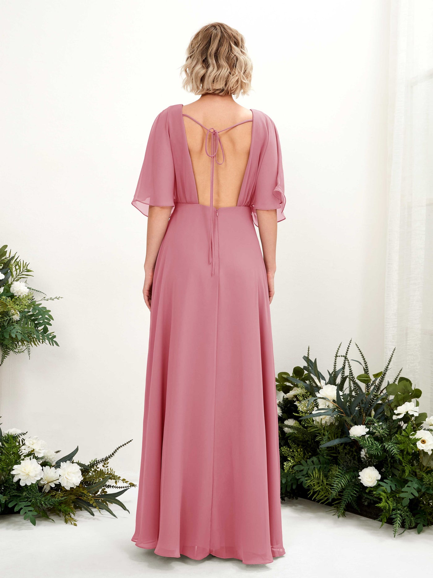 V-neck 1/2 Sleeves Chiffon Bridesmaid Dress - Desert Rose (81225111)#color_desert-rose