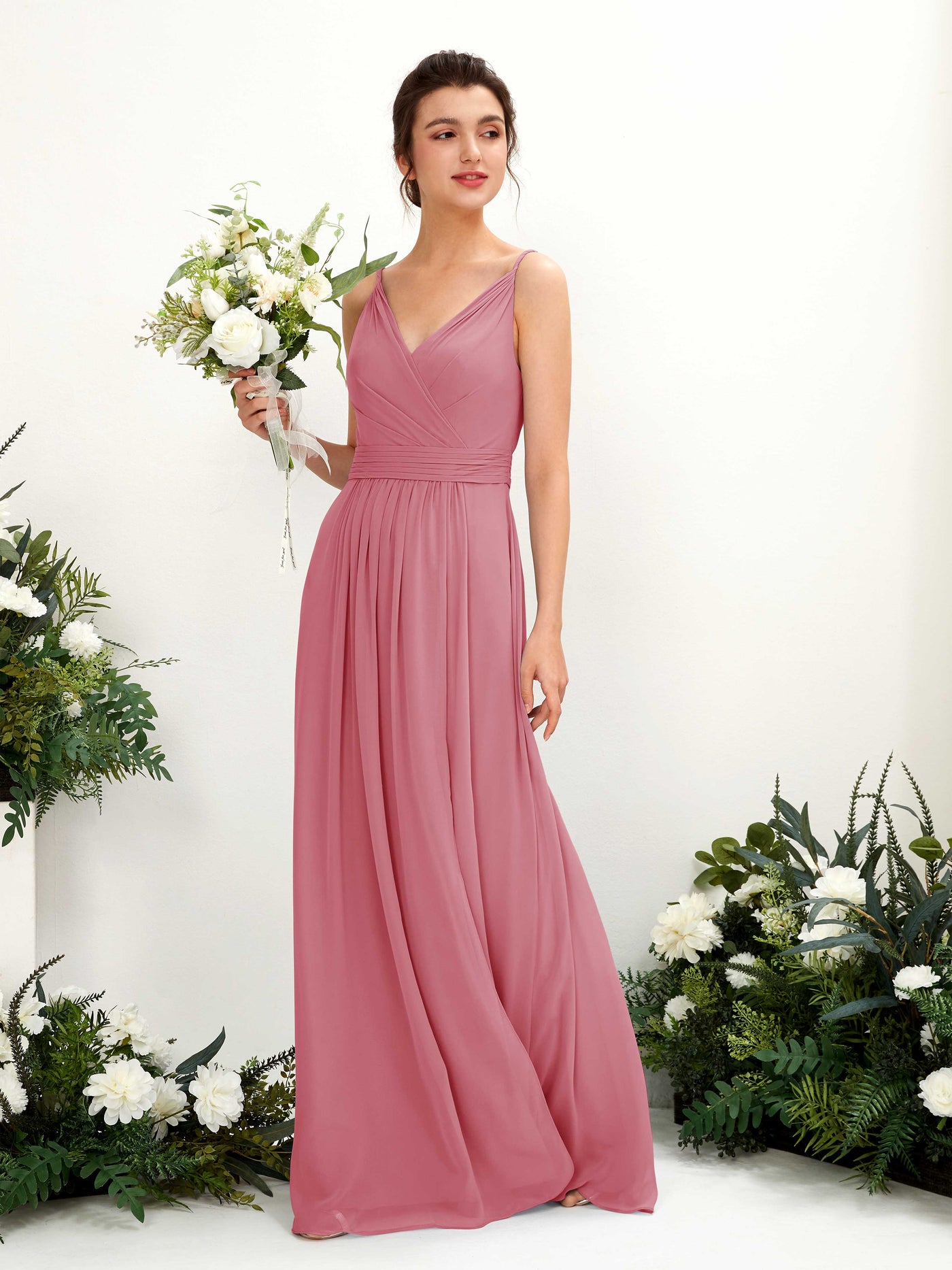 Spaghetti-straps V-neck Sleeveless Bridesmaid Dress - Desert Rose (81223911)#color_desert-rose