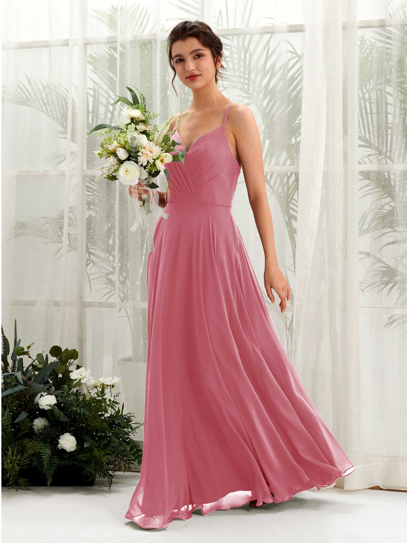 Spaghetti-straps V-neck Sleeveless Bridesmaid Dress - Desert Rose (81224211)#color_desert-rose