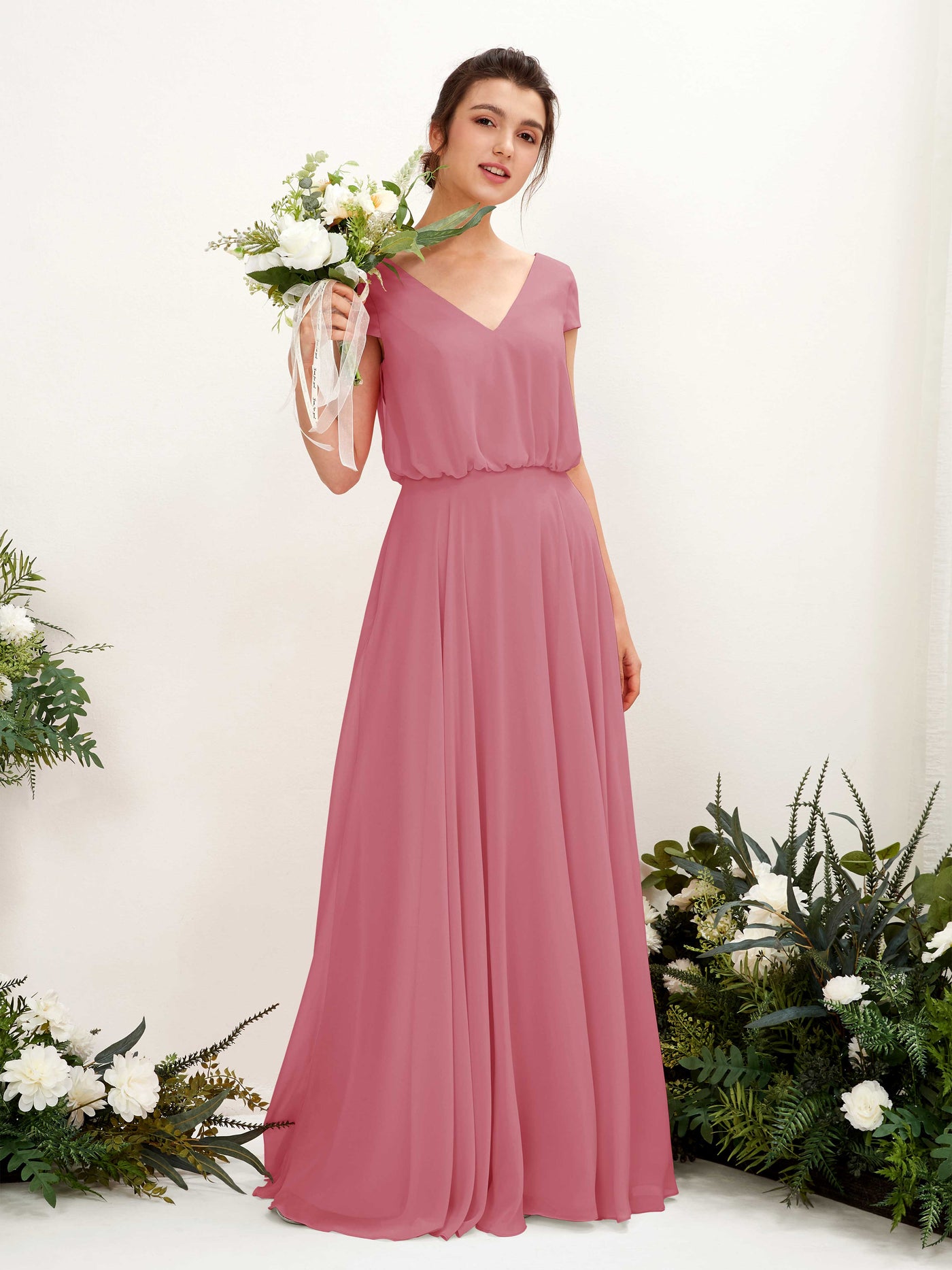 V-neck Cap Sleeves Chiffon Bridesmaid Dress - Desert Rose (81221811)#color_desert-rose