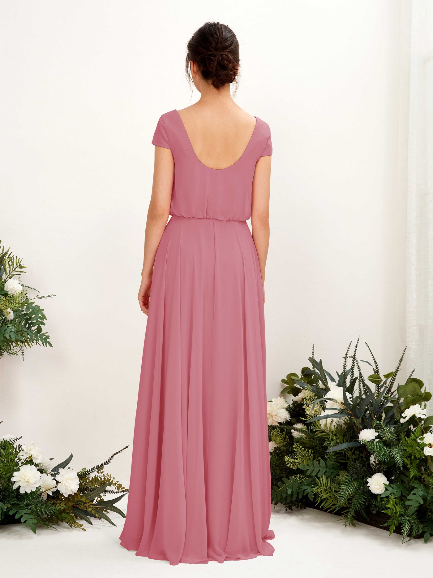V-neck Cap Sleeves Chiffon Bridesmaid Dress - Desert Rose (81221811)#color_desert-rose