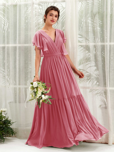 Carlyna Chaya A-Line Desert Rose Bridesmaid Dress Maxi Cap Sleeve V-Neck Dress Front View #color_desert-rose