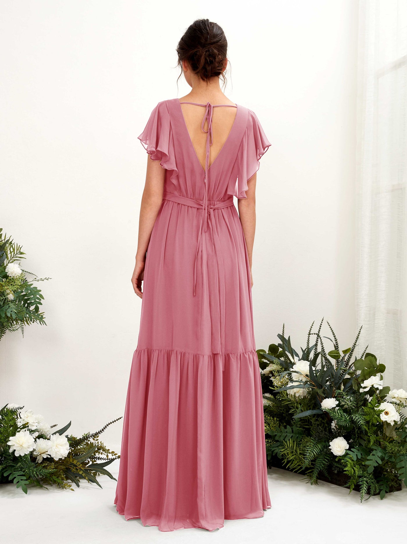 V-neck Cap Sleeves Chiffon Bridesmaid Dress - Desert Rose (81225911)#color_desert-rose