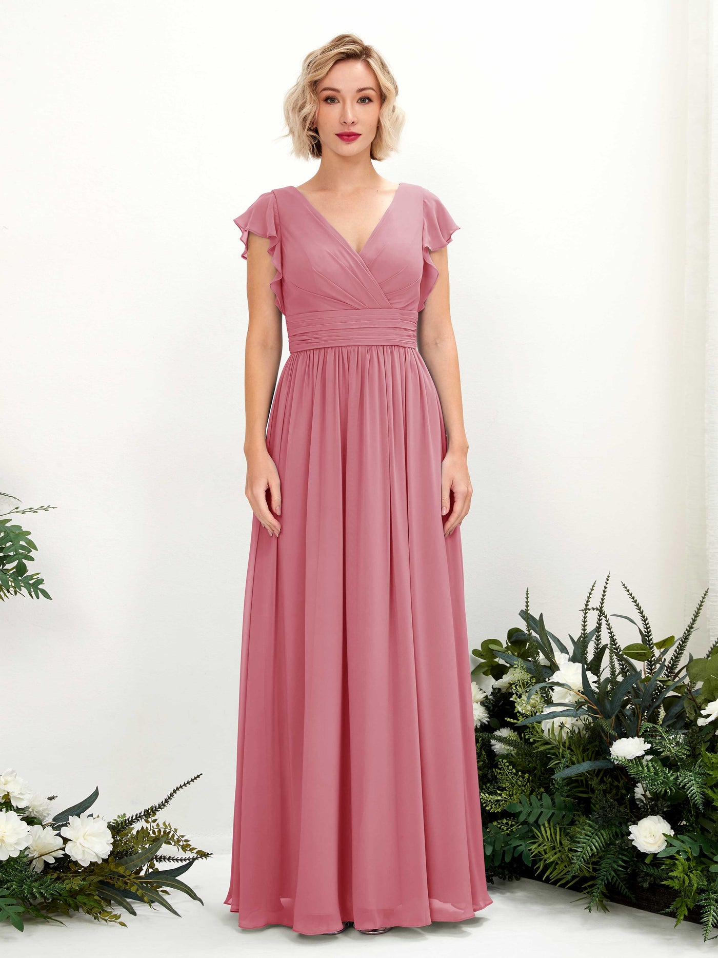 V-neck Short Sleeves Chiffon Bridesmaid Dress - Desert Rose (81222711)#color_desert-rose