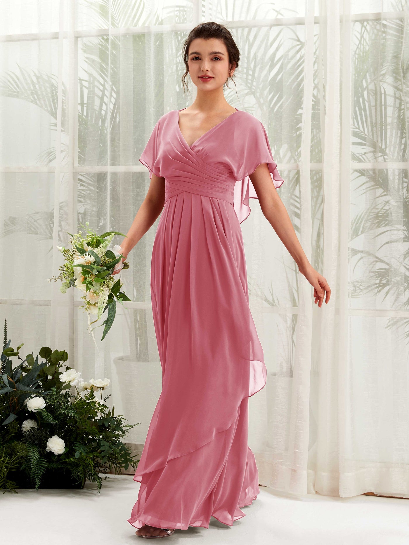 V-neck Short Sleeves Chiffon Bridesmaid Dress - Desert Rose (81226111)#color_desert-rose