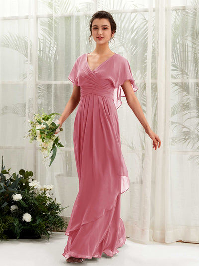 Carlyna Darlene A-Line Desert Rose Bridesmaid Dress Maxi Short Sleeve V-Neck Dress Front View #color_desert-rose