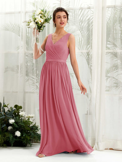 Carlyna Barbara A-Line Desert Rose Bridesmaid Dress Maxi Sleeveless V-Neck Dress Front View #color_desert-rose