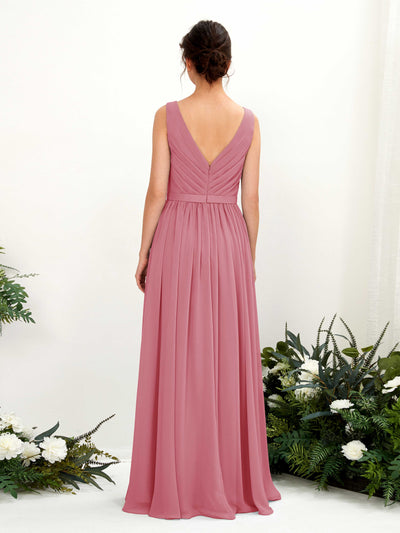Carlyna Barbara A-Line Desert Rose Bridesmaid Dress Maxi Sleeveless V-Neck Dress Back View #color_desert-rose