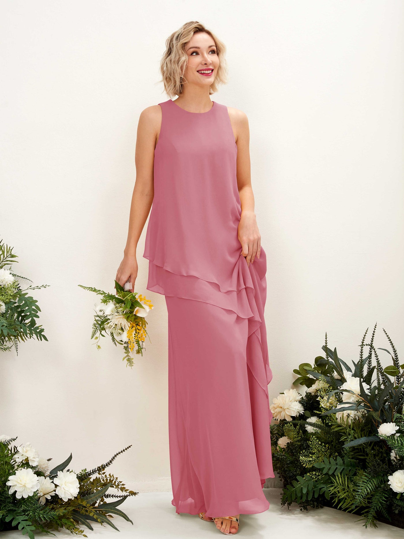 Round Sleeveless Chiffon Bridesmaid Dress - Desert Rose (81222311)#color_desert-rose