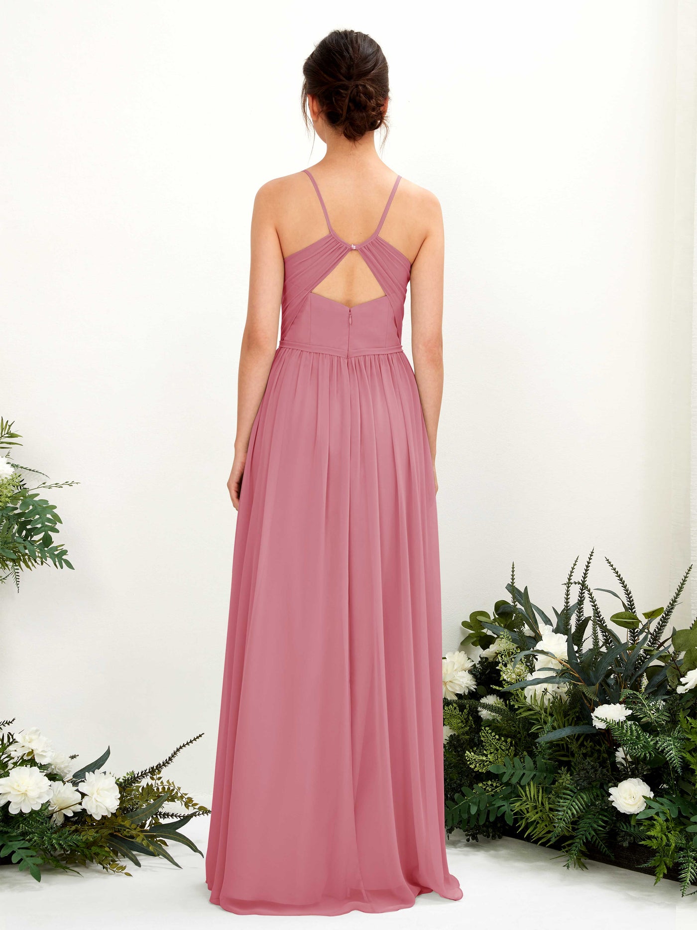 Spaghetti-straps V-neck Chiffon Bridesmaid Dress - Desert Rose (81221411)#color_desert-rose