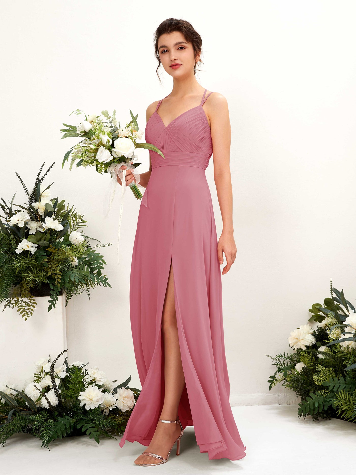 Straps V-neck Sleeveless Chiffon Bridesmaid Dress - Desert Rose (81225411)#color_desert-rose