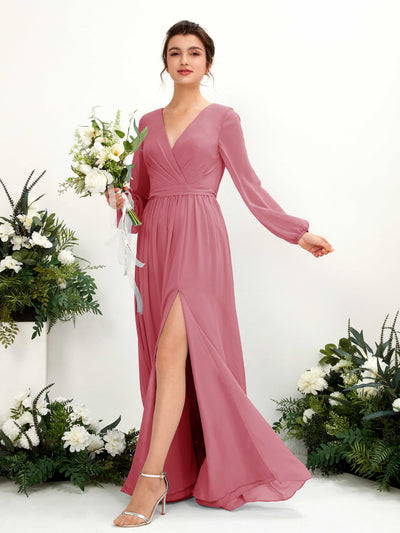 Carlyna Ginny A-Line Desert Rose Bridesmaid Dress Maxi Long Sleeve V-Neck Front View #color_desert-rose