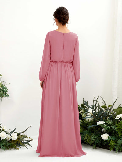 Carlyna Ginny A-Line Desert Rose Bridesmaid Dress Maxi Long Sleeve V-Neck Back View #color_desert-rose