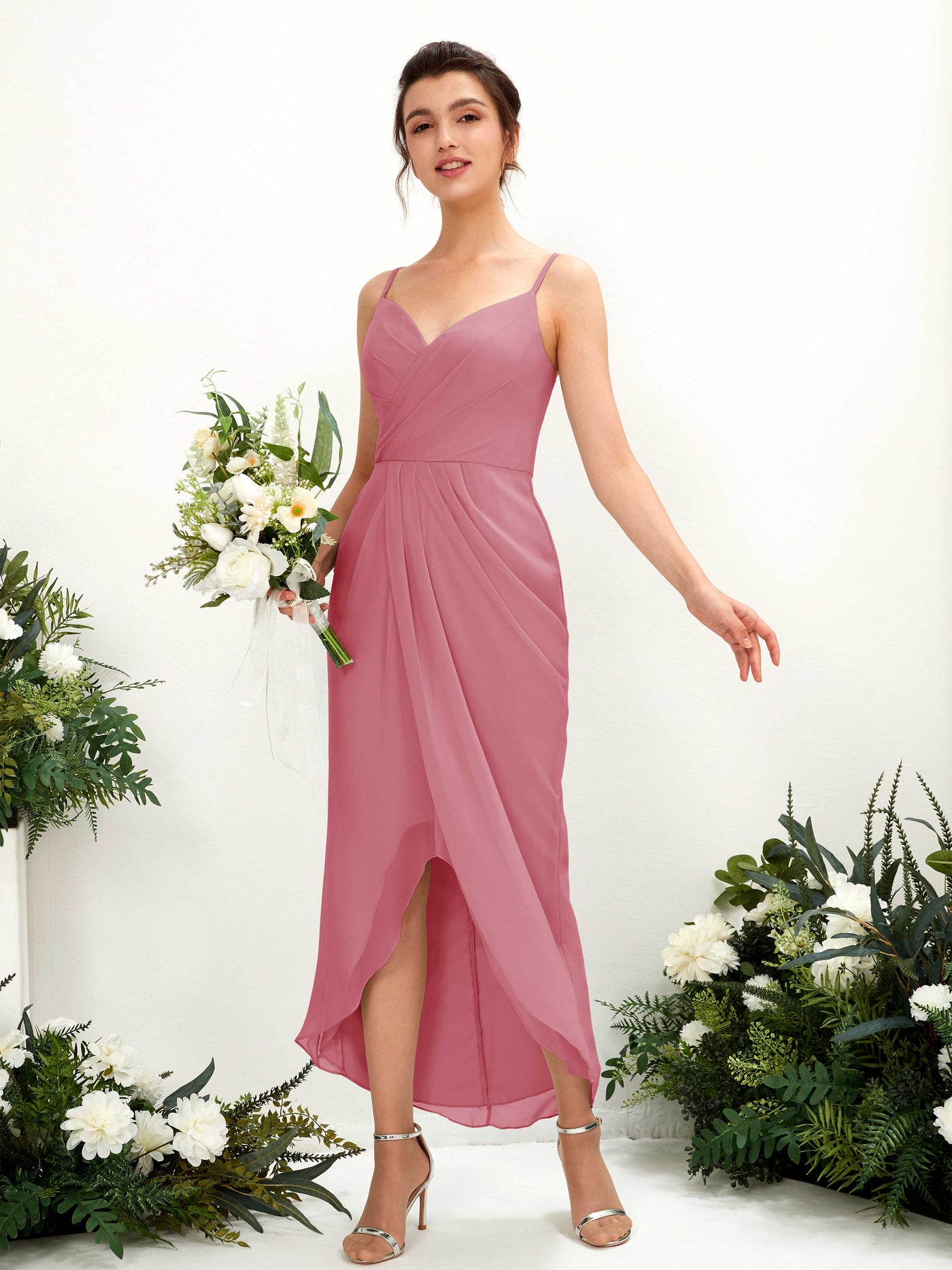 Spaghetti-straps V-neck Sleeveless Chiffon Bridesmaid Dress - Desert Rose (81221311)#color_desert-rose