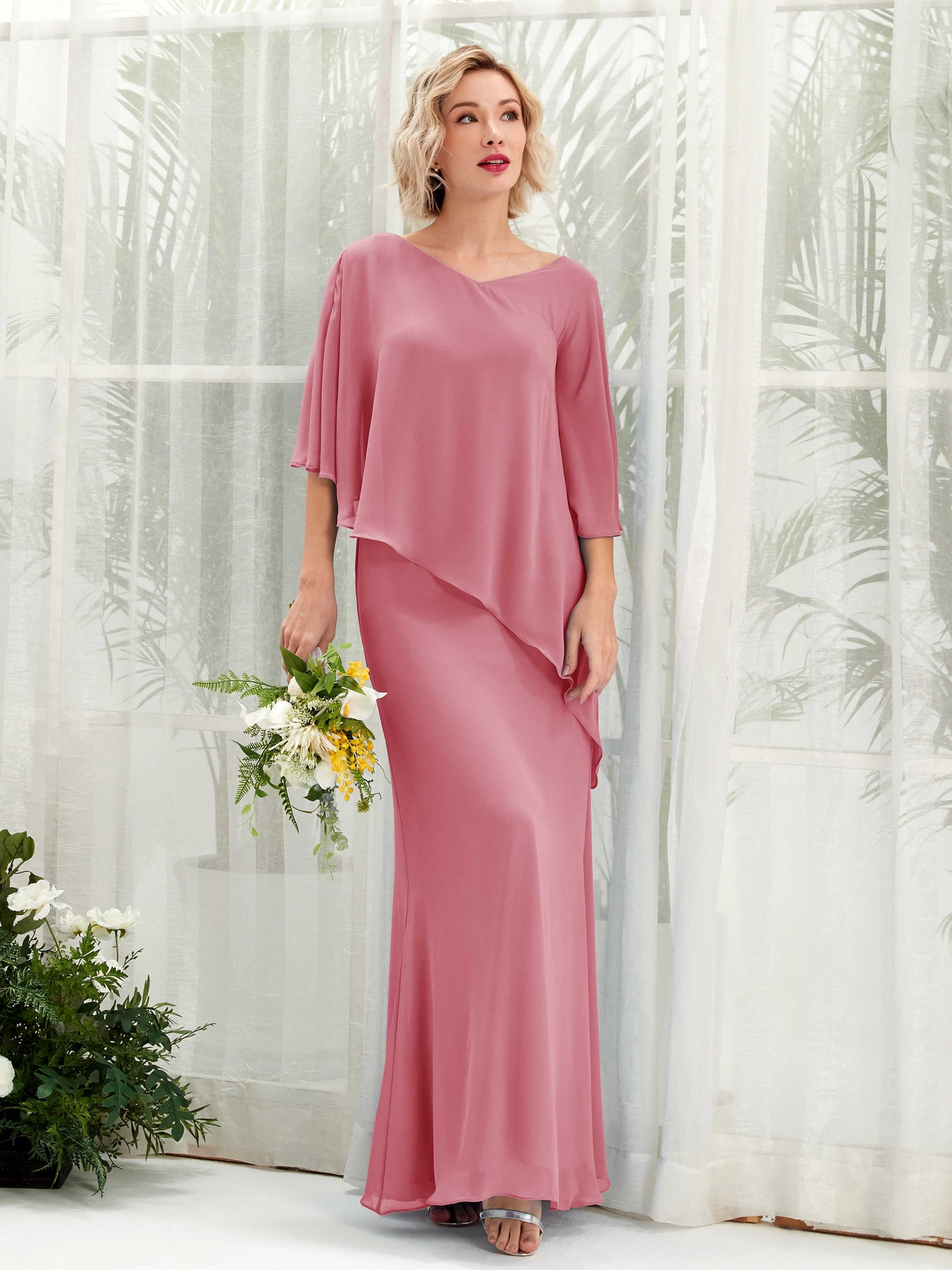 V-neck 3/4 Sleeves Chiffon Bridesmaid Dress - Desert Rose (81222511)#color_desert-rose