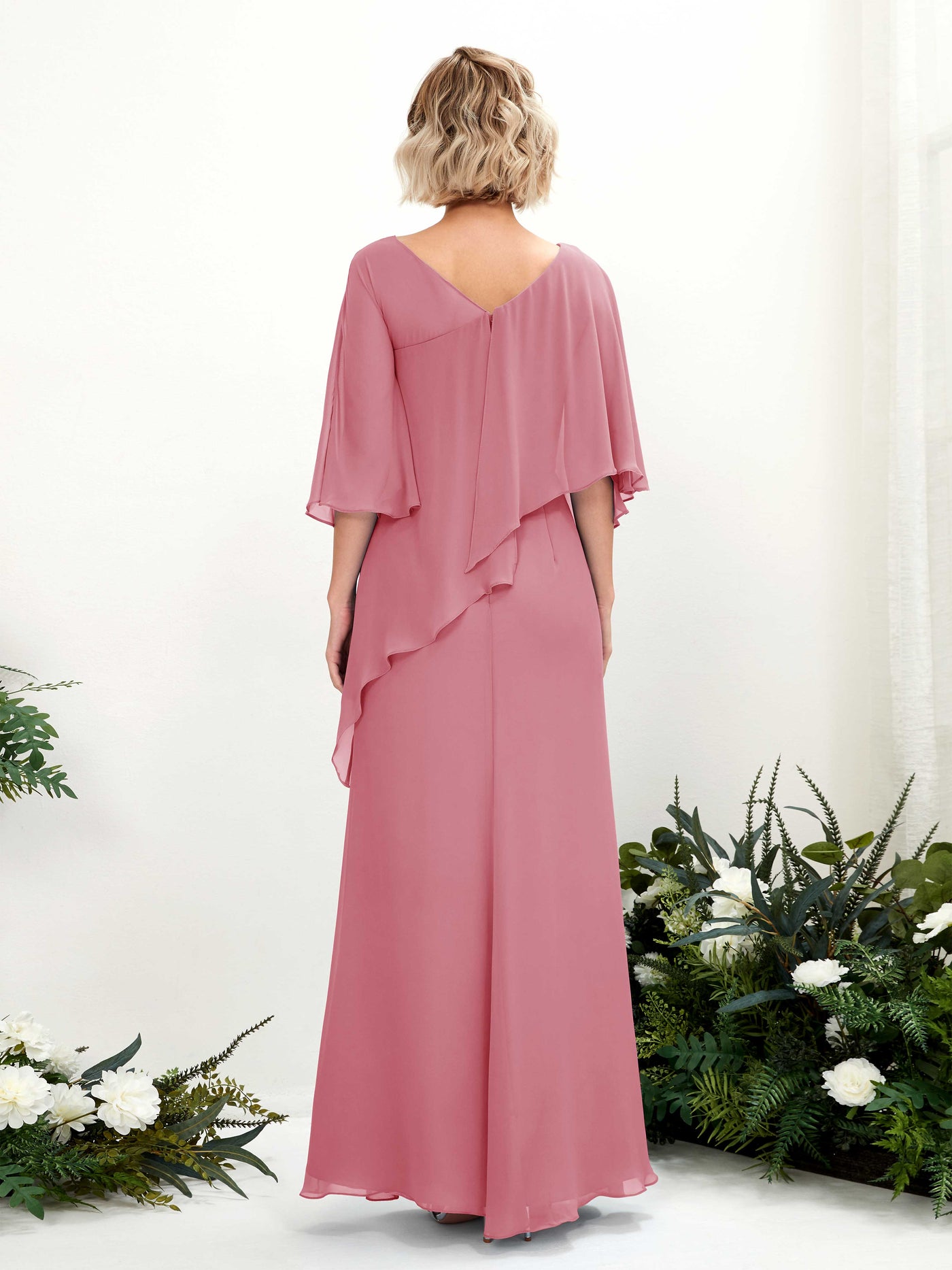 V-neck 3/4 Sleeves Chiffon Bridesmaid Dress - Desert Rose (81222511)#color_desert-rose