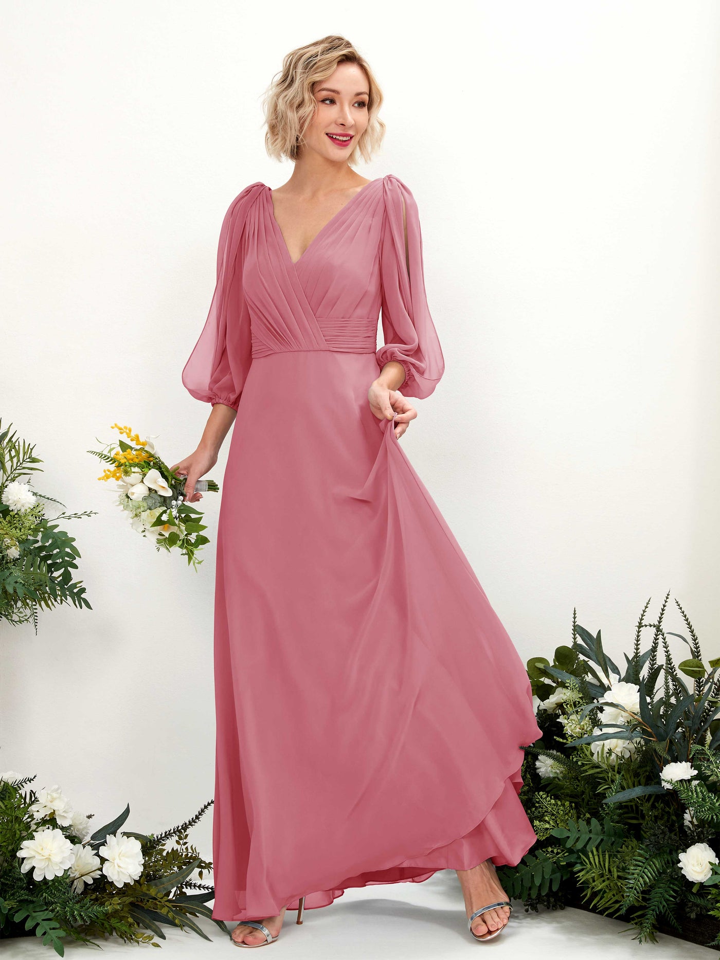 V-neck 3/4 Sleeves Chiffon Bridesmaid Dress - Desert Rose (81223511)#color_desert-rose