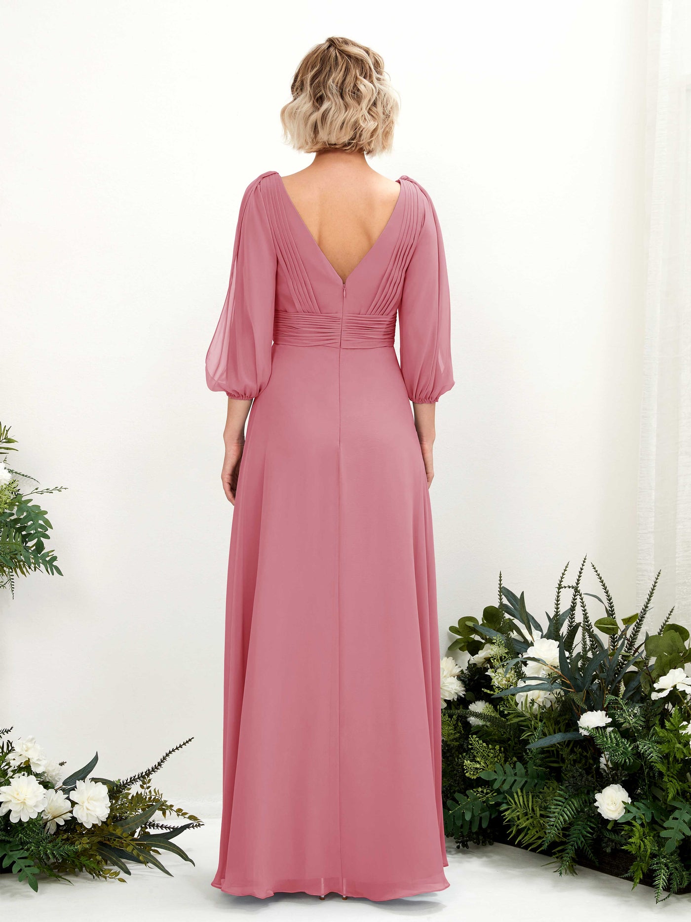 V-neck 3/4 Sleeves Chiffon Bridesmaid Dress - Desert Rose (81223511)#color_desert-rose