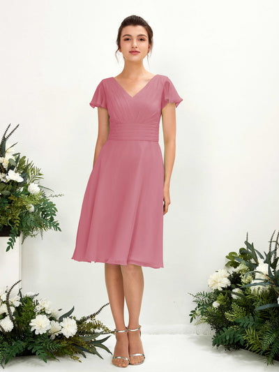 Carlyna Betty A-Line Desert Rose Bridesmaid Dress Knee-Length Short Sleeve V-Neck Dress Front View #color_desert-rose