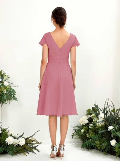 Carlyna Betty A-Line Desert Rose Bridesmaid Dress Knee-Length Short Sleeve V-Neck Dress Back View #color_desert-rose