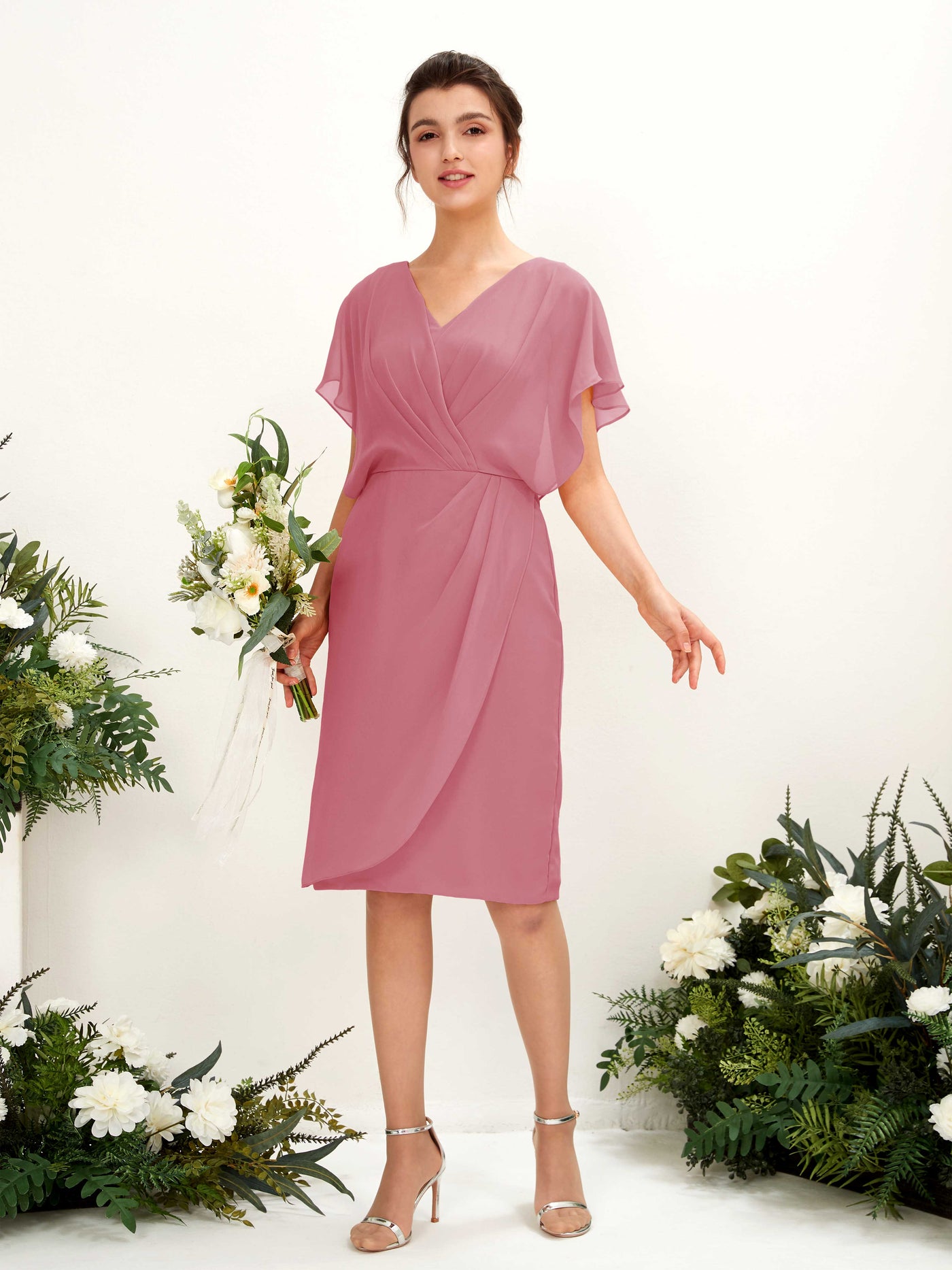 V-neck Short Sleeves Chiffon Bridesmaid Dress - Desert Rose (81222211)#color_desert-rose