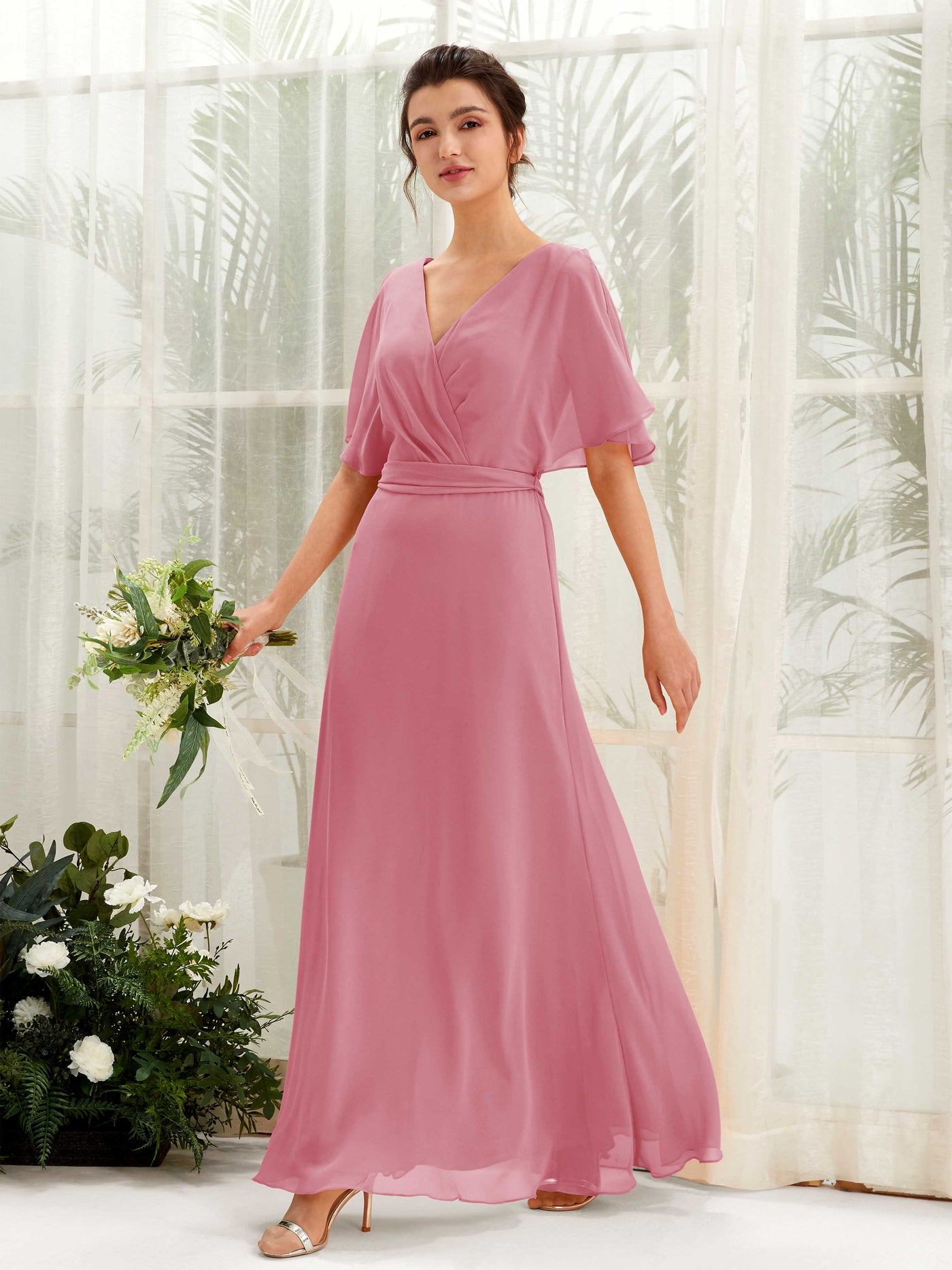 V-neck Short Sleeves Chiffon Bridesmaid Dress - Desert Rose (81222411)#color_desert-rose