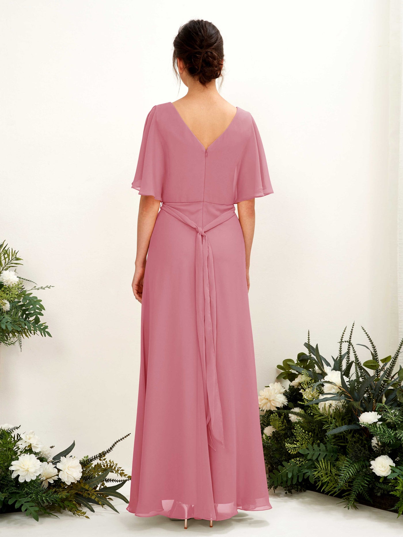 V-neck Short Sleeves Chiffon Bridesmaid Dress - Desert Rose (81222411)#color_desert-rose
