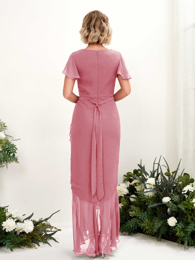 Carlyna Eartha Mermaid Desert Rose Bridesmaid Dress Maxi Cap Sleeve V-Neck Dress Back View #color_desert-rose