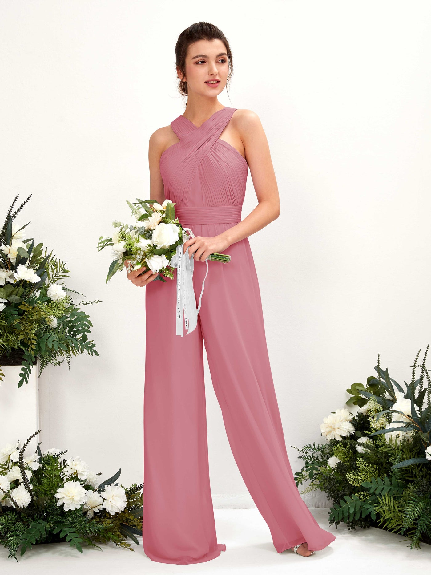 V-neck Sleeveless Chiffon Bridesmaid Dress Wide-Leg Jumpsuit - Desert Rose (81220711)#color_desert-rose