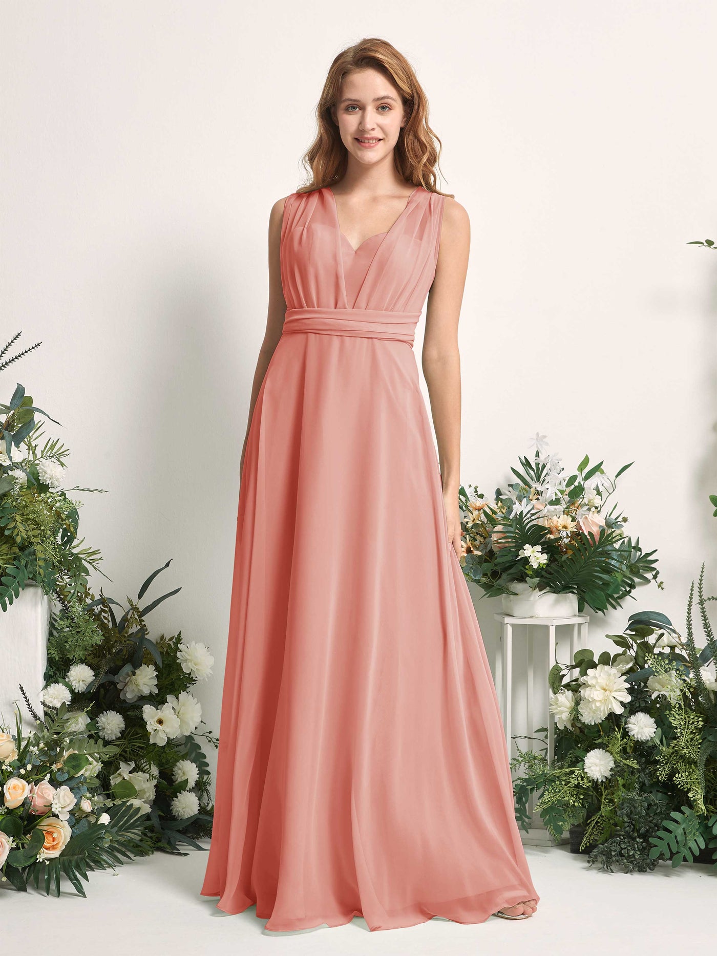 Bridesmaid Dress A-line Chiffon Halter Full Length Short Sleeves Wedding Party Dress - Champagne Rose (81226306)#color_champagne-rose
