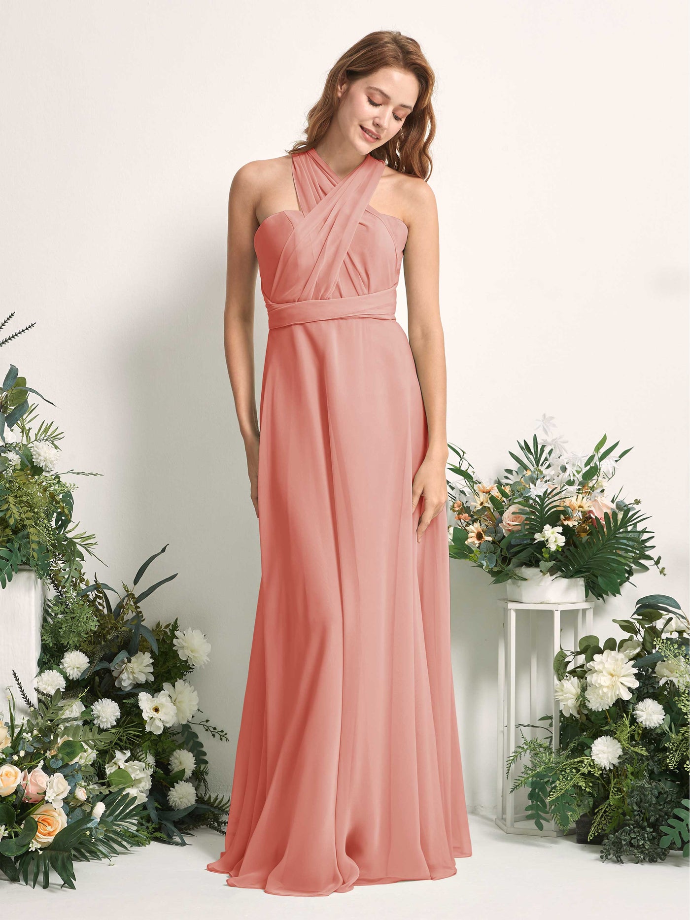 Bridesmaid Dress A-line Chiffon Halter Full Length Short Sleeves Wedding Party Dress - Champagne Rose (81226306)#color_champagne-rose