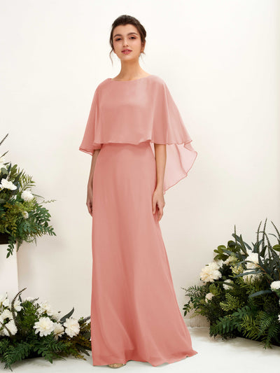 Carlyna Savin Sheath Champagne Rose Bridesmaid Dress Maxi Cap Sleeve Boat Neck Dress #color_champagne-rose