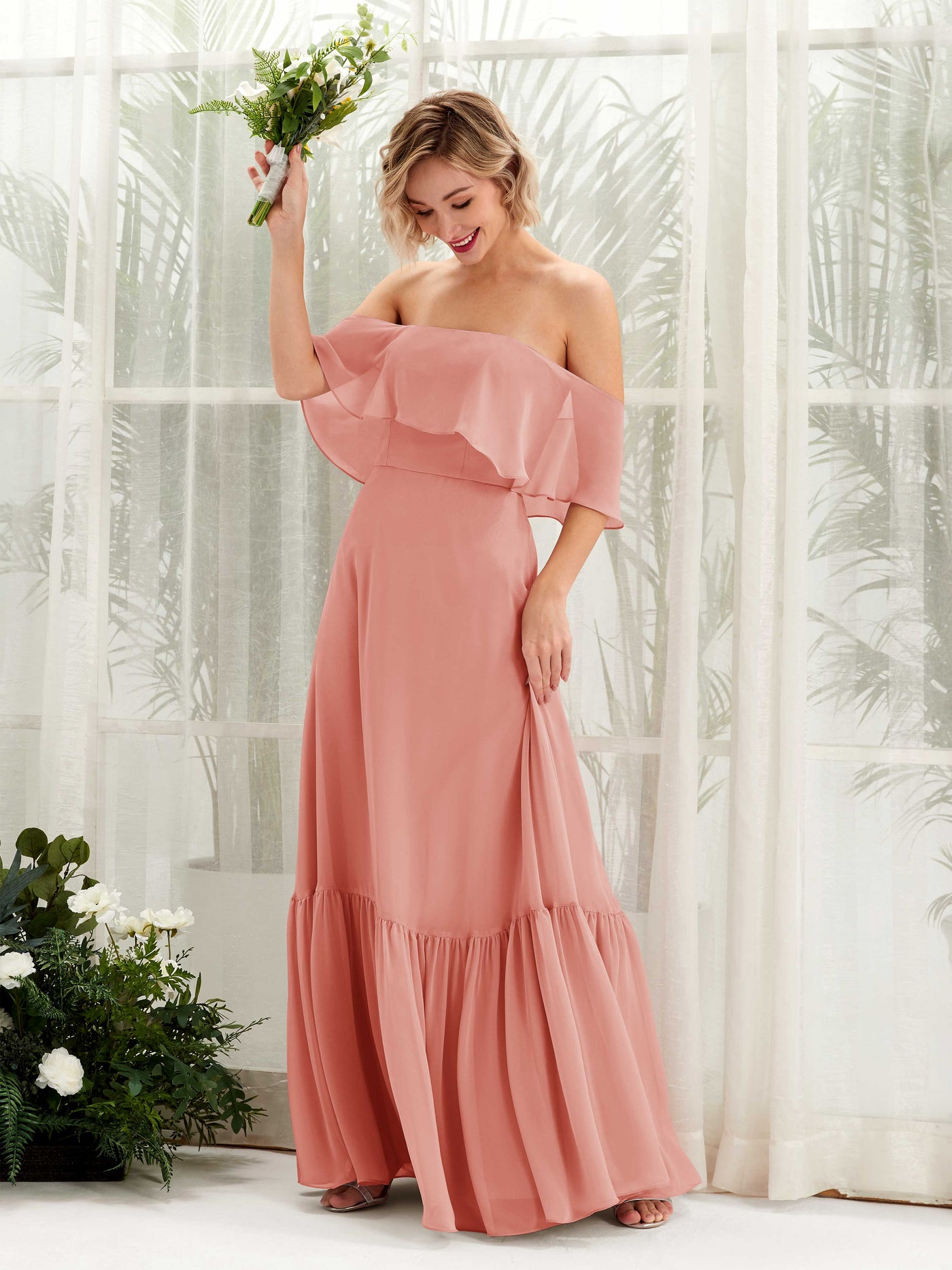 A-line Off Shoulder Chiffon Bridesmaid Dress - Champagne Rose (81224506)#color_champagne-rose