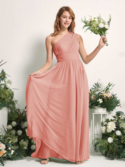 Carlyna Evelyn A-Line Champagne Rose Bridesmaid Dress Maxi Sleeveless One Shoulder Dress Front View #color_champagne-rose
