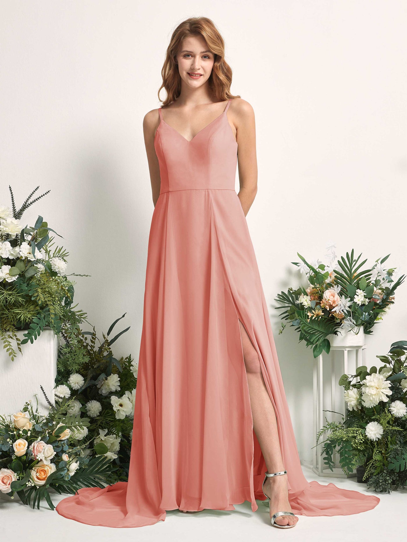 Bridesmaid Dress A-line Chiffon Spaghetti-straps Full Length Sleeveless Wedding Party Dress - Champagne Rose (81227706)#color_champagne-rose