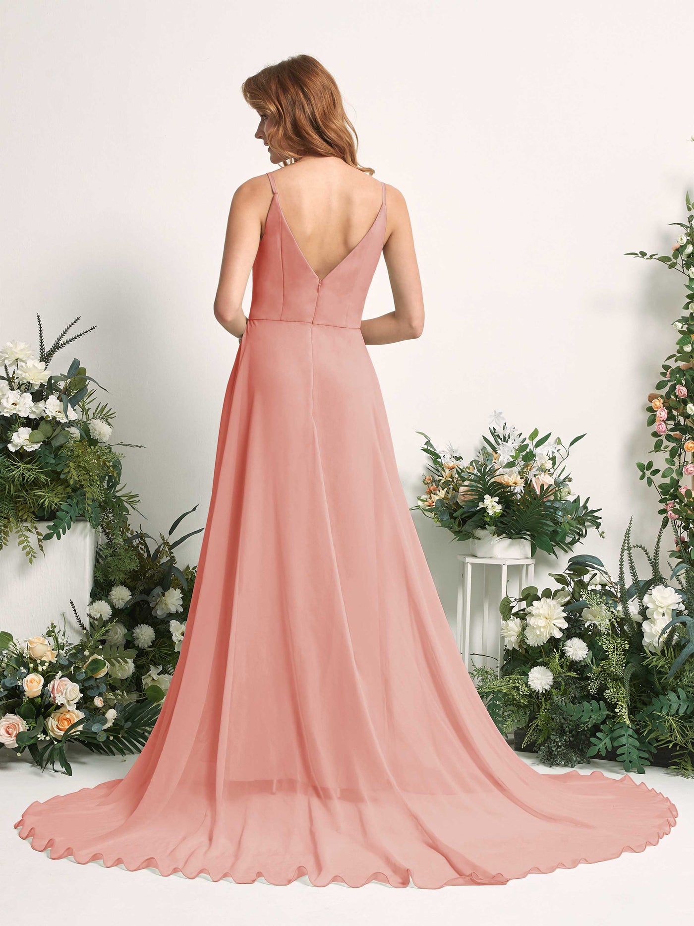 Bridesmaid Dress A-line Chiffon Spaghetti-straps Full Length Sleeveless Wedding Party Dress - Champagne Rose (81227706)#color_champagne-rose