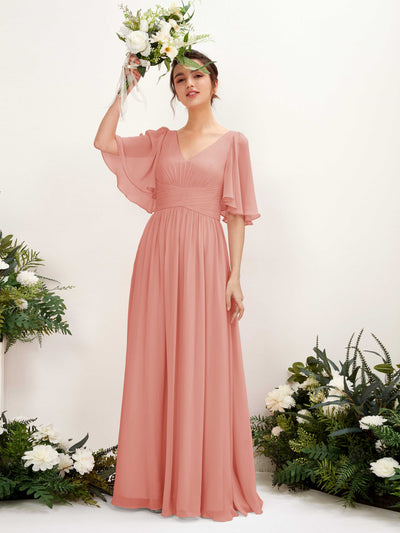 Carlyna Odette A-Line Champagne Rose Bridesmaid Dress Maxi Short Sleeve V-Neck Dress #color_champagne-rose