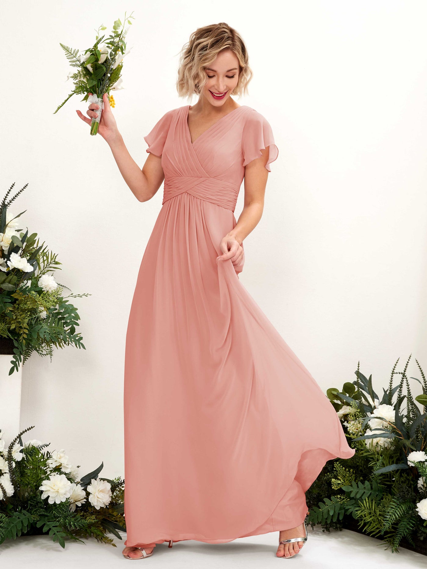 A-line V-neck Cap Sleeves Chiffon Bridesmaid Dress - Champagne Rose (81224306)#color_champagne-rose