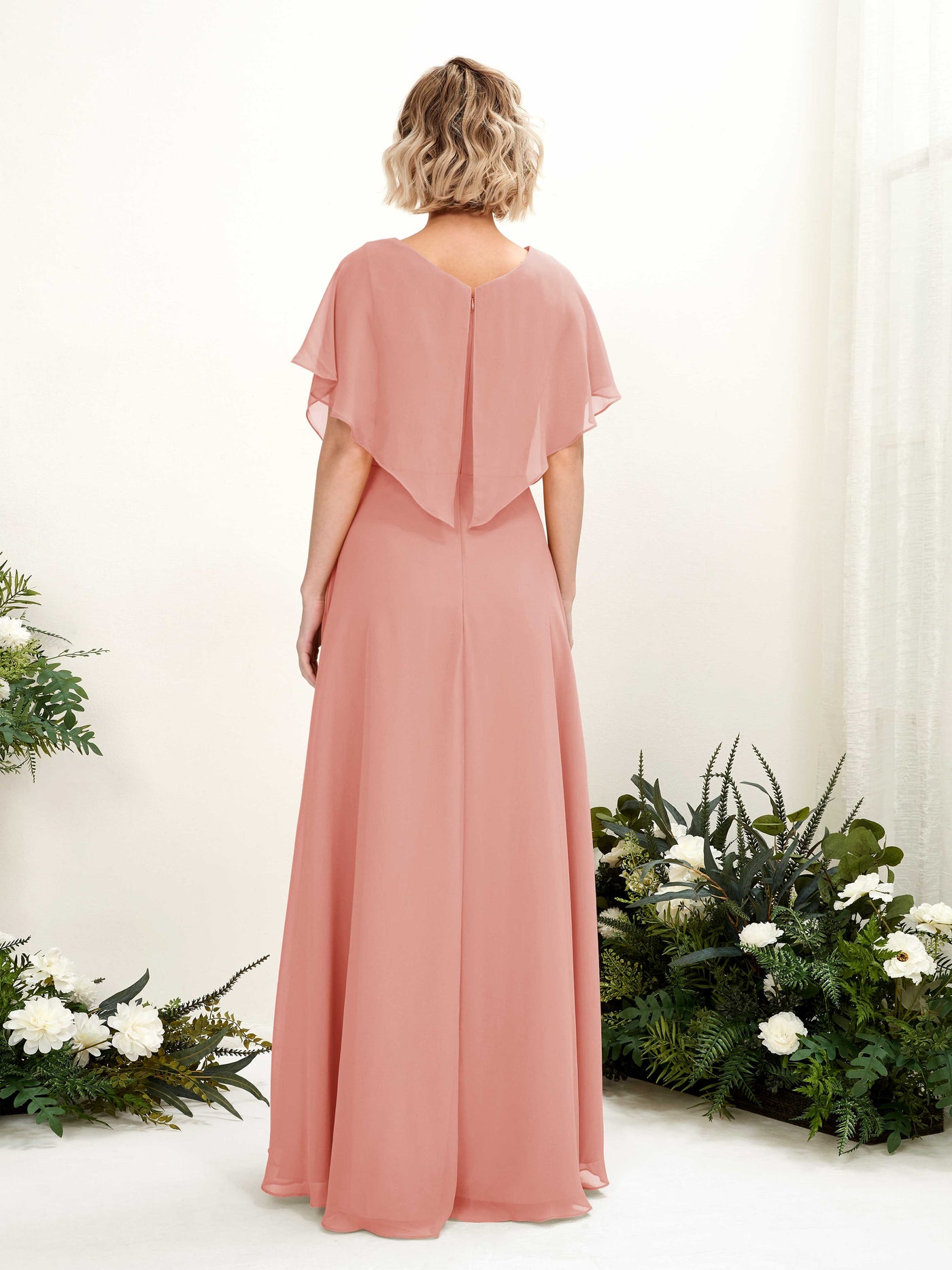 A-line V-neck Short Sleeves Chiffon Bridesmaid Dress - Champagne Rose (81222106)#color_champagne-rose