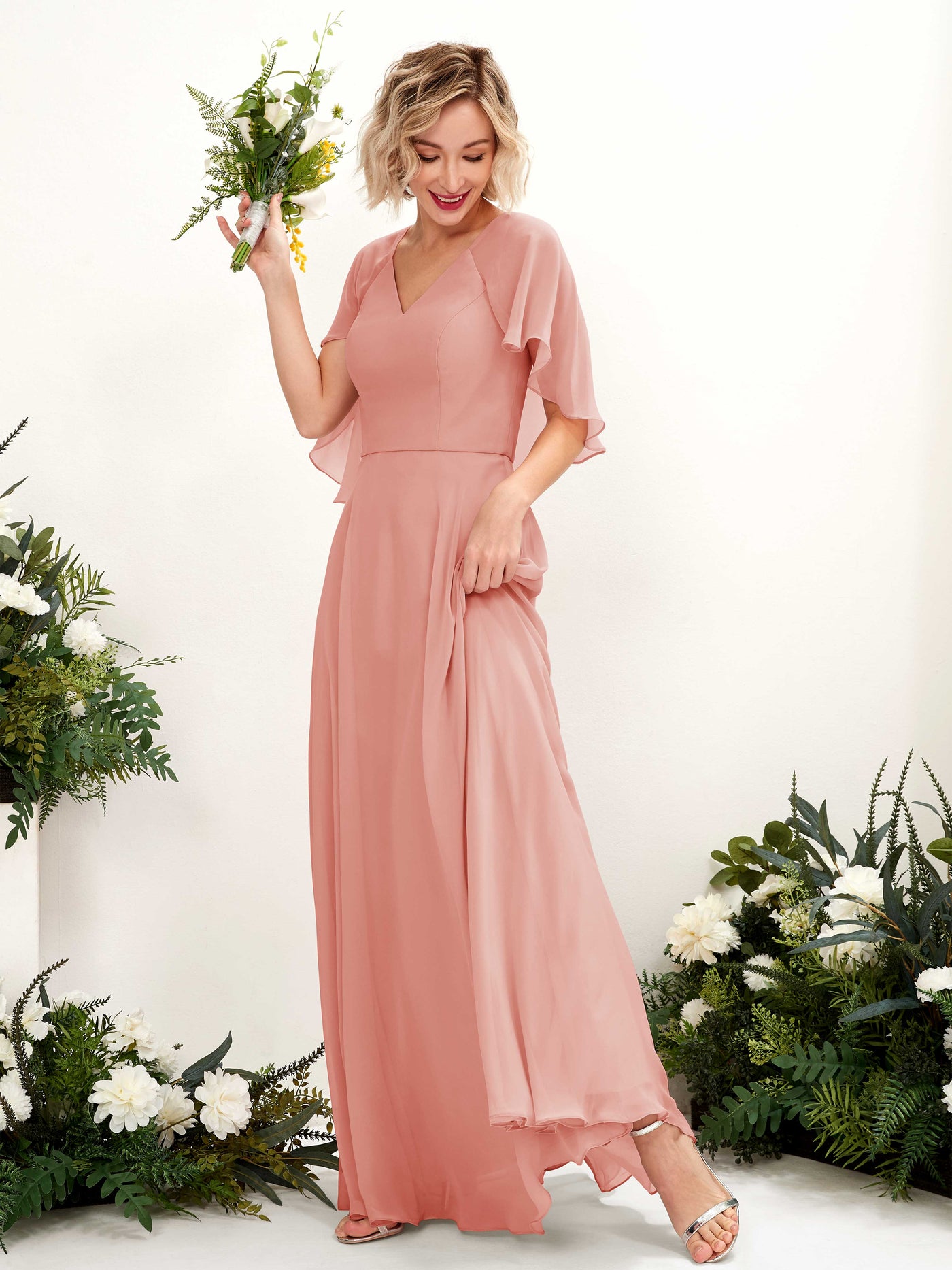 A-line V-neck Short Sleeves Chiffon Bridesmaid Dress - Champagne Rose (81224406)#color_champagne-rose