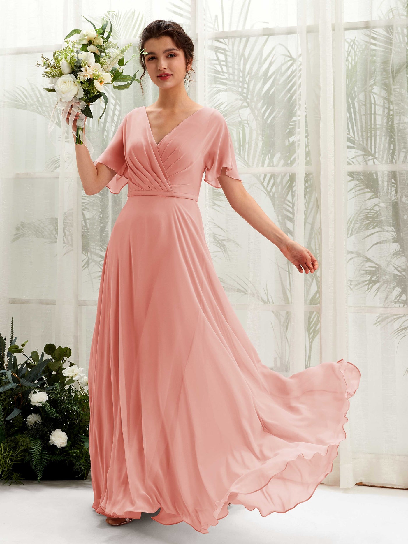 A-line V-neck Short Sleeves Chiffon Bridesmaid Dress - Champagne Rose (81224606)#color_champagne-rose