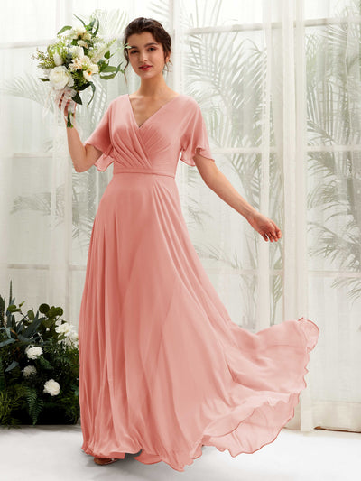 Carlyna Daphne A-Line Champagne Rose Bridesmaid Dress Maxi Short Sleeve V-Neck Dress Front View #color_champagne-rose