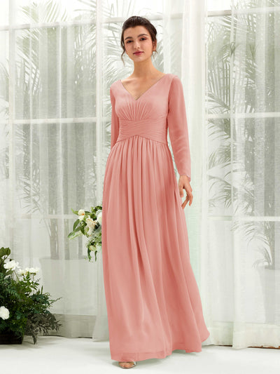 Carlyna Coline A-Line Champagne Rose Bridesmaid Dress Maxi Long Sleeve V-Neck Front View #color_champagne-rose