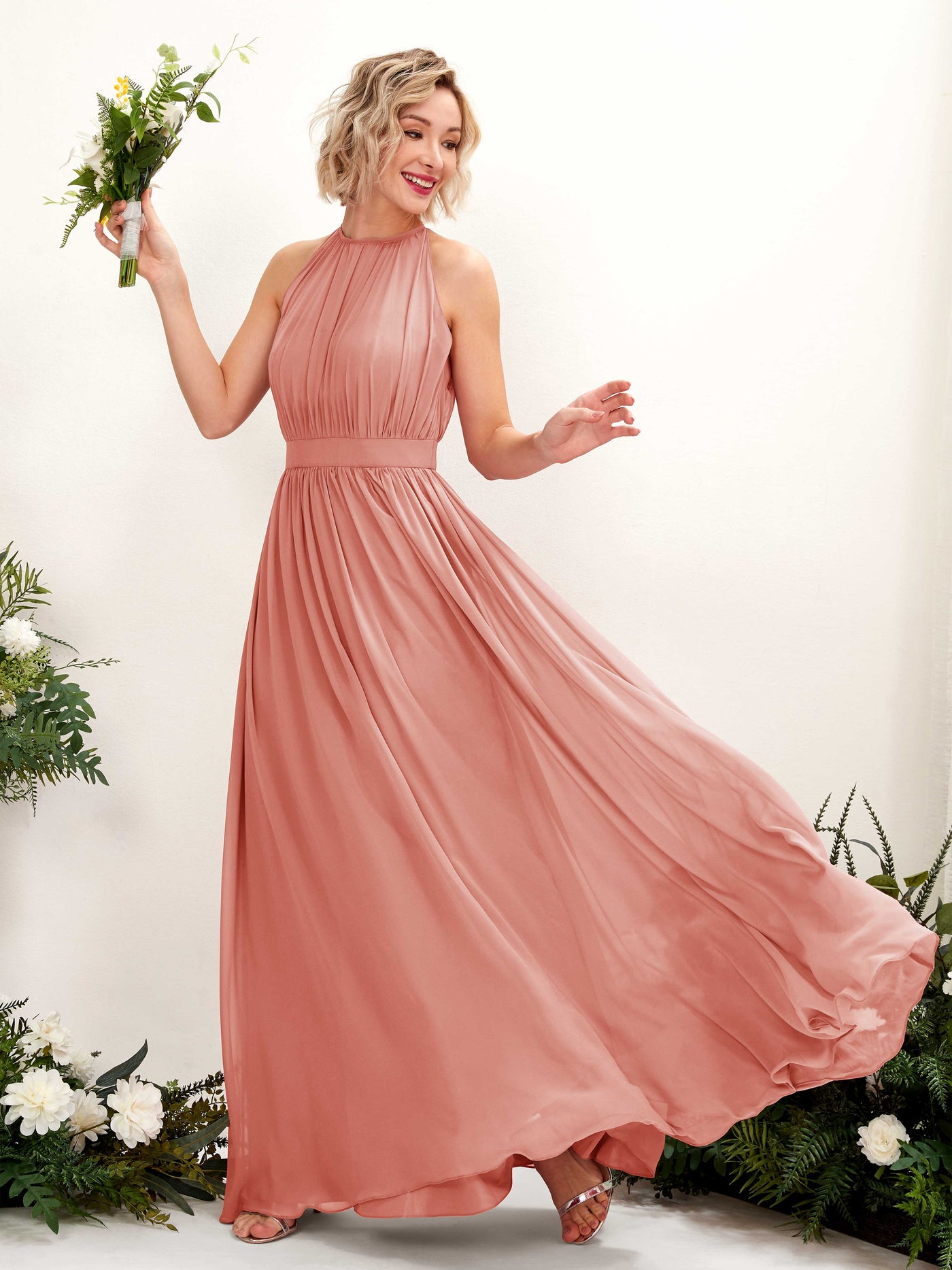 Halter Sleeveless Chiffon Bridesmaid Dress - Champagne Rose (81223106)#color_champagne-rose