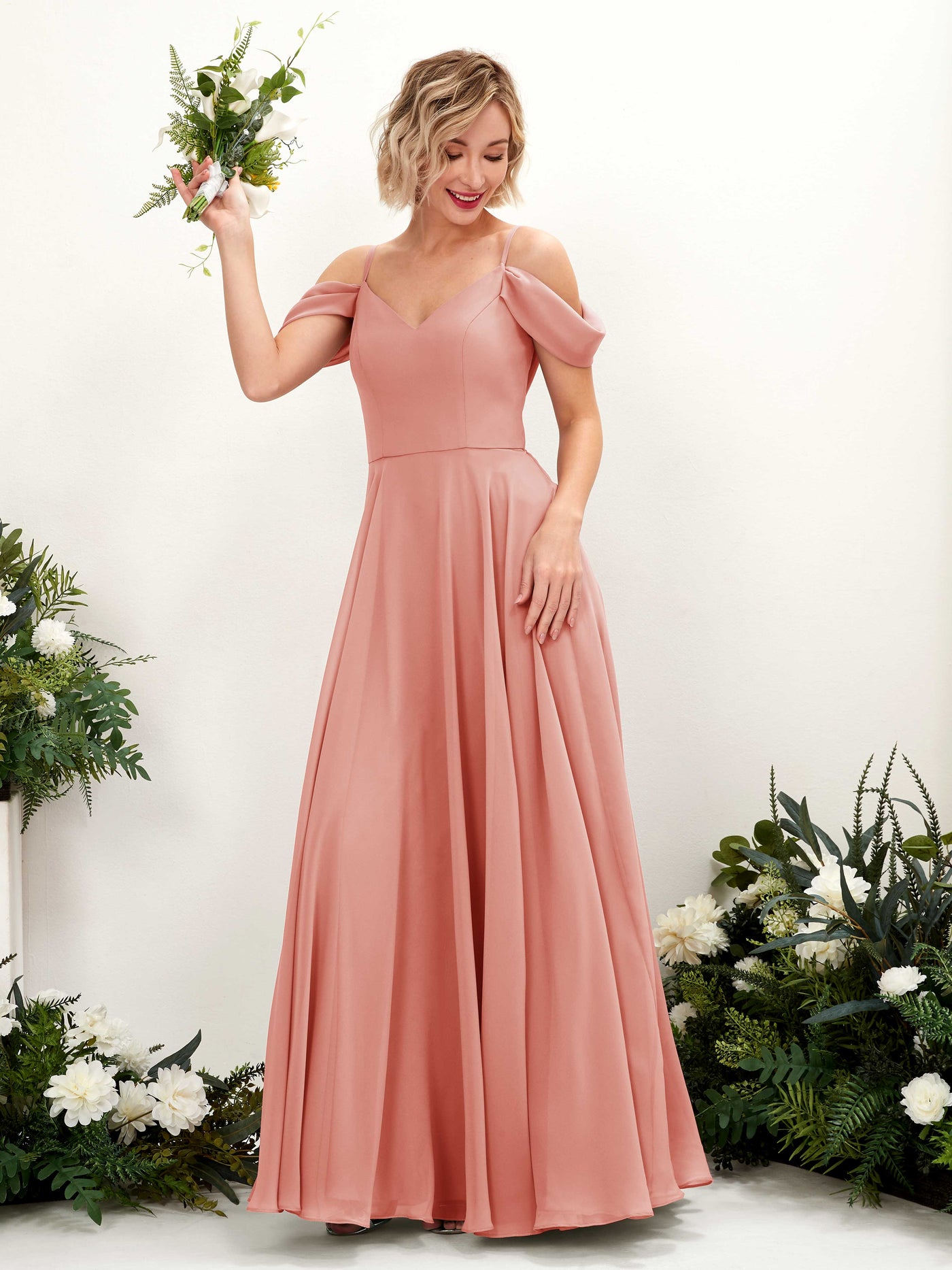 Off Shoulder Straps V-neck Sleeveless Chiffon Bridesmaid Dress - Champagne Rose (81224906)#color_champagne-rose