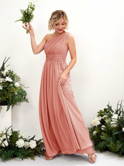 Carlyna Flaze A-Line Champagne Rose Bridesmaid Dress Maxi Sleeveless One Shoulder Dress Front View #color_champagne-rose